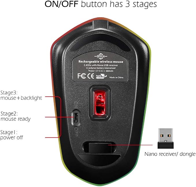 Rechargeable Wireless Mouse, Backlit Powered by Li-Polymer Battery, Optical Sensor, Nano USB Receiver,3 Stages DPI Speed, 4 Buttons for PC, Laptop, Tablet, MacBook etc. (Solo Firework)