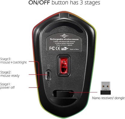 Rechargeable Wireless Mouse, Backlit Powered by Li-Polymer Battery, Optical Sensor, Nano USB Receiver,3 Stages DPI Speed, 4 Buttons for PC, Laptop, Tablet, MacBook etc. (Solo Firework)