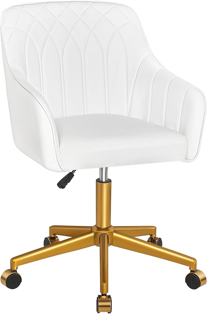 VECELO Modern PU Swivel Home Office Desk Chair with Back & Rolling Wheels, Adjustable Seat Height for Girls Women Bed Room Vanity Makeup/Task/Computer Work, White