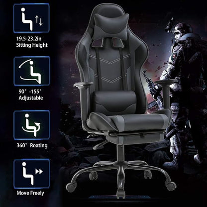 BestOffice | Ergonomic Gaming Chair | Grey | Reclining Computer Chair with Lumbar Support, Headrest Pillow, Adjustable Footrests | 360 Swivel with Heavy Duty Wheels | for Home & Office
