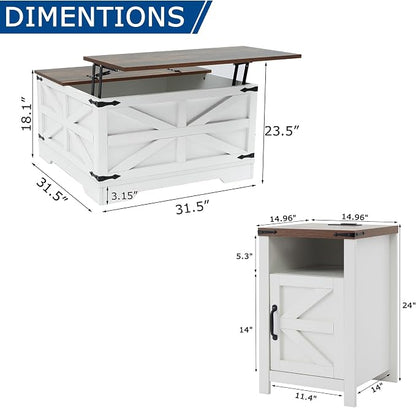 Farmhouse Coffee Table and End Table Sets of 3, 3 Piece Living Room Tables Set with Charging Station, Lift Top Coffees and 2 Nighstand, Wood Furniture Sets with Storage, White