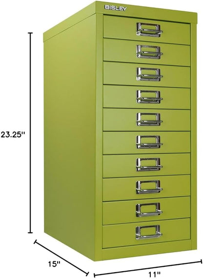 10-Drawer Steel MultiDrawer Cabinet - Green, by Bisley | Chrome Pull Handles with Label Holders, Powder-Coated Steel, Removable Drawers, Fits Under Most Desks, Labels Included