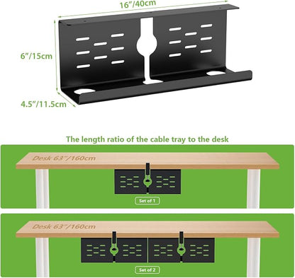 KEEGH 16" Under Desk Cable Management Tray, No Drill Clamp Mount, Extra Large Desk Cord Organizer Upgrade Capacity, Cord Management Tray for Home Office, Gaming Desk, Standing Desk, Black, 3 Pack