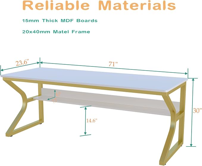 OSCHF Extra Long Desk with Bookshelf - 71" Double Long Writing Table for 2-Person Workstation, Modern Study Work Computer Desk for Home and Office, Gold