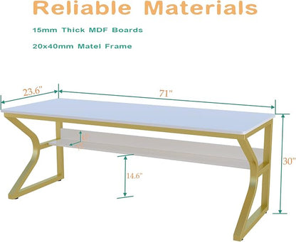 OSCHF Extra Long Desk with Bookshelf - 71" Double Long Writing Table for 2-Person Workstation, Modern Study Work Computer Desk for Home and Office, Gold