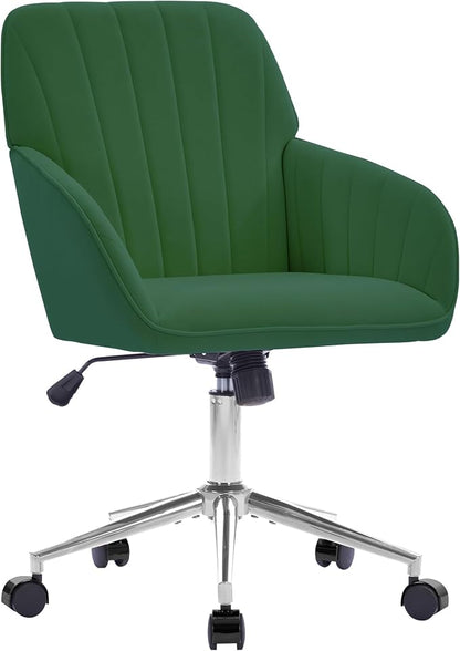 Velvet Home Office Desk Chair, Modern Cute Computer Task Chair with Back, Height Adjustable Upholstered Vanity Chair with Swivel Wheels for Women, Girls (Silver Base, Green