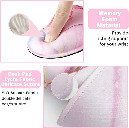 Keyboard Mouse Pad Set, Extended Mouse Pad+Keyboard Wrist Rest Support, Memory Foam Ergonomic Easy Typing, 3Pcs (35.4×15.7 in) Desk Pad Set for Home Office Study Game- Pink Marble