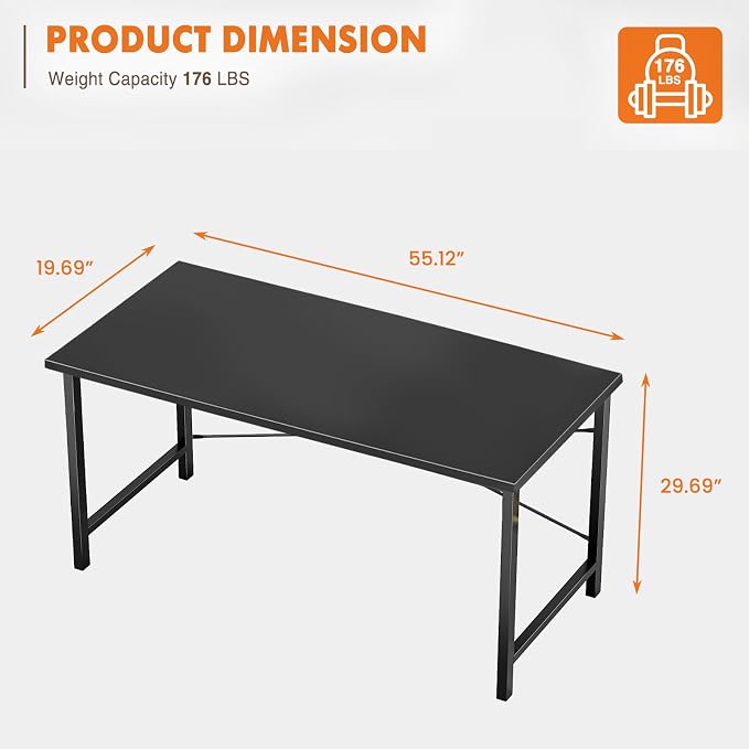 Sweetcrispy Small Computer Desk, 55" Office Writing Desk with Metal Frame & Wooden Tabletop, X-Shaped Reinforcement, Student Study Workstation for Home Bedroom, Black