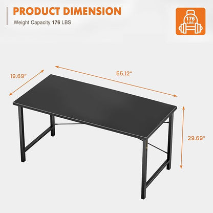 Sweetcrispy Small Computer Desk, 55" Office Writing Desk with Metal Frame & Wooden Tabletop, X-Shaped Reinforcement, Student Study Workstation for Home Bedroom, Black