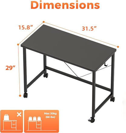 Mericonia 32 inch Rolling Computer Desk with Wheels, Gaming Desk for Small Spaces, Modern Simple Style Table for Home Office, Study Writing Table