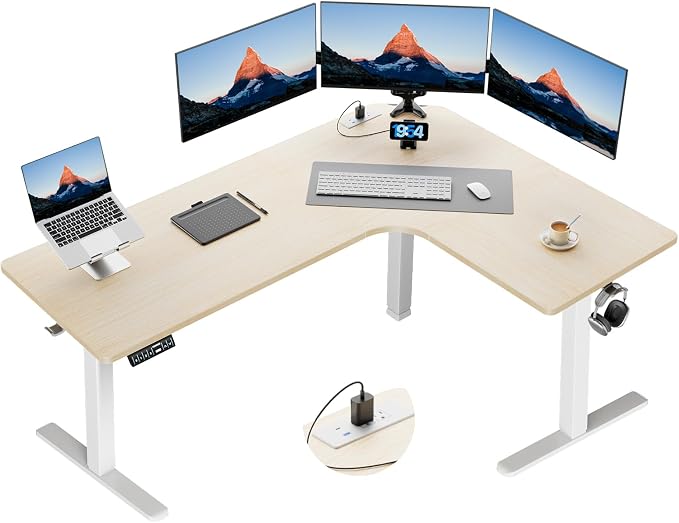 HUANUO 63″ L-Shaped Standing Desk, Built-in Power Outlets, Electric Height Adjustable Corner Computer Desk, Large Power Strip Holder, Sit Stand Up Desk with 3 Preset Heights, Natural Wood