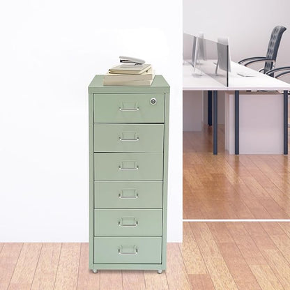 Vertical File Cabinet, 6 Drawers Rolling File Organizer Cabinets with Lock, Heavy Duty Metal Storage Cabinet, Movable Under Desk Filing Cabinet for Office, Study, Dresser (Green)