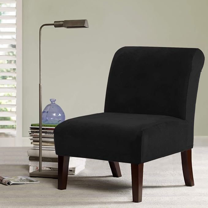 H.VERSAILTEX Armless Accent Chair Covers Thick Velvet Armless Chair Slipcovers High Stretch Chair Covers for Living Room Hotel Machine Washable Furniture Protector with Elastic Bottom, Black