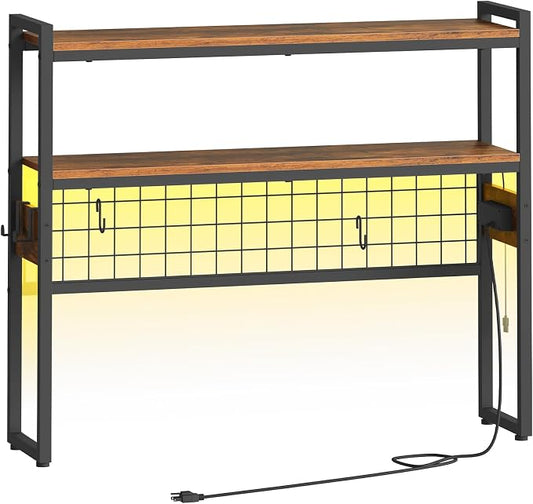 HOOBRO Desktop Bookcase, 37.4" Large Desk Shelf, 2-Tier Desktop Organizer, Wooden Office Storage Rack with Outlets, Display Shelf Rack with Light Strip, Desk Hutch for Office, Rustic Brown BF13UDSJ01