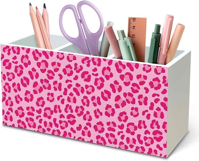 DILSJ Pink Cheetah Print Pen Pencil Holder Organizer for Desk, Cheetah Print Room Decor, Leopard Wooden Box Signs for Women Home Office Desk Tabletop Decoration