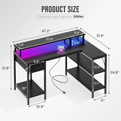 DUMOS 47” Gaming Desk with USB Charging Ports & LED Lights, Reversible L Shaped Desks Computer Corner Gamer Table with Stand Storage Shelves for Home Office Small Space, Modern Black
