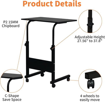 Karl home Small Side Mobile Table 23.6 inch Computer Desk with Wheels Height Adjustable Rolling Potable Laptop Cart, C-Shaped Bed Couch End Tables with Edge Stopper for Living Room Bedroom, Black
