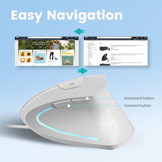 Perixx PERIMICE-513W Wired Ergonomic USB Mouse - 6 Buttons with 1000/1600 DPI - Vertical Right-Handed Design - White (Pack of 2)