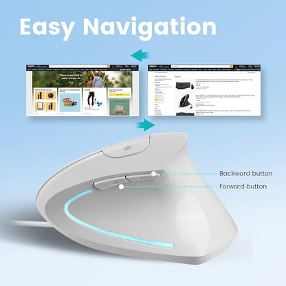 Perixx PERIMICE-513W Wired Ergonomic USB Mouse - 6 Buttons with 1000/1600 DPI - Vertical Right-Handed Design - White (Pack of 2)