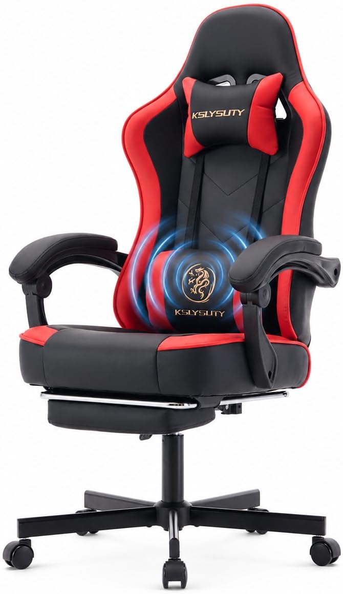 Office Desk Computer Gaming Chair for Adults, Ergonomic High Back Gamer Chair with Massage and Pocket Spring Cushion, Swivel Comfy Video Game Chairs with Footrest and Lumbar Support (Black Red)