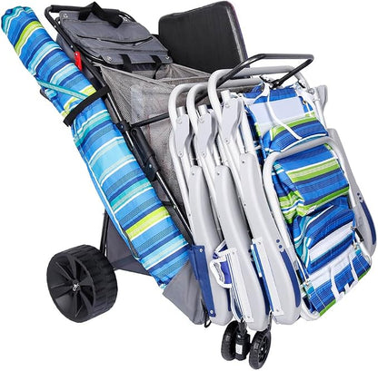 Ultimate Buggy Beach Cart with Big Wheels for Sand, Wide Wheel Wagon with Insulated Cooler Bag, Body Board and Umbrella Holder, 100 lbs Capacity