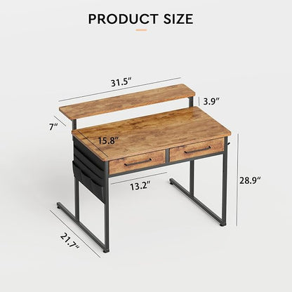 Maihail Small Desk with Drawers, 31.5X15.8-22.9 Inches Office Computer Desk with Side Pocket & Ergonomic Monitor Stand, Writing Table for Small Spaces, Bedroom, Kids Desk, Vanity Desk, Rustic Brown