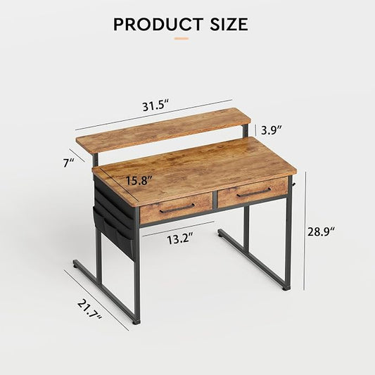 Maihail Small Desk with Drawers, 31.5X15.8-22.9 Inches Office Computer Desk with Side Pocket & Ergonomic Monitor Stand, Writing Table for Small Spaces, Bedroom, Kids Desk, Vanity Desk, Rustic Brown