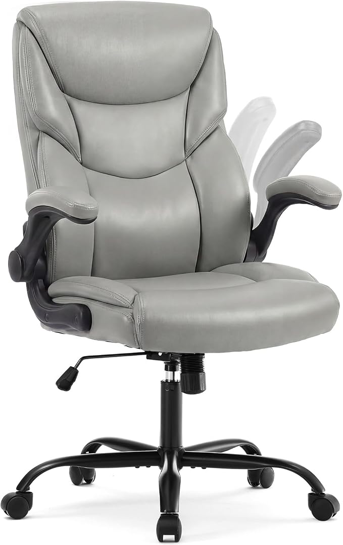 DUMOS PU Leather Office Chair - Ergonomic Executive Computer Desk Chairs with Adjustable Flip-up Armrest, Swivel Task Chair with Lumbar Support, Strong Metal Base, Grey