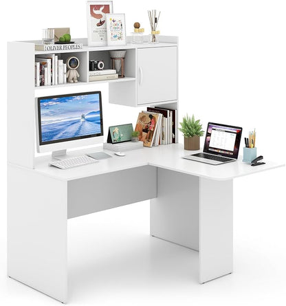 Giantex L Shaped Desk with Hutch, White Corner Desk with Storage Shelf & Cabinet, Laptop PC Table Gaming Computer Table Workstation, Modern Executive Study Writing Desk for Home Office, Bedroom