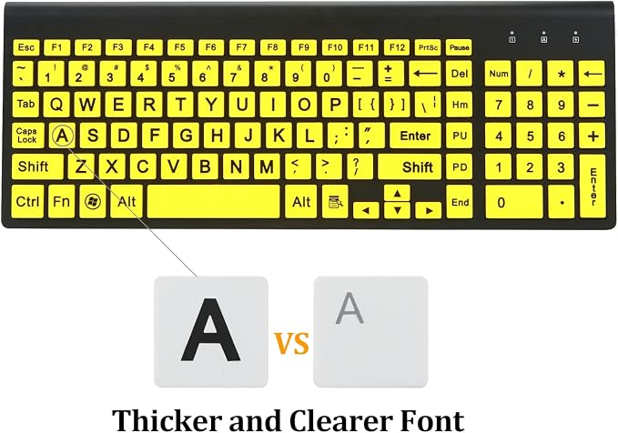 Full Size Large Print 2.4g Wireless Keyboard and Mouse with Oversized Print for Visually Impaired Low Vision Individuals (Yellow)