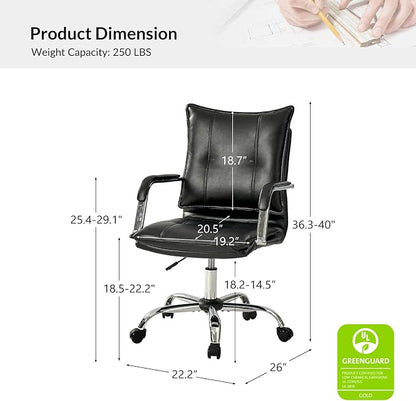 HULALA HOME Faux Leather Home Office Desk Chair, Adjustable Swivel Computer Chair with Sliver Legs and Arms, Comfy Upholstered Task Chair(Black)