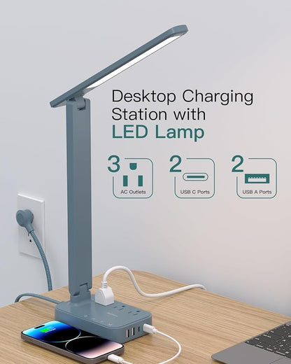 Addtam LED Desk Lamp, Power Strip with 3 Outlets 4 USB Charging Ports(2 USBC), 4 Modes 5 Level Brightness Touch Lamp, Small Desk Lamp for Home Office College Dorm Room Essentials, Blue