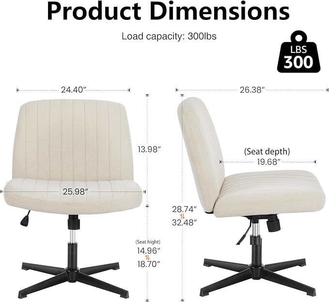 Sweetcrispy Criss Cross Chair Legged, Armless Office Swivel Desk Chair No Wheels, Vanity Height Adjustable Wide Seat Comfy Cute Computer Task Seating for Home Bedroom