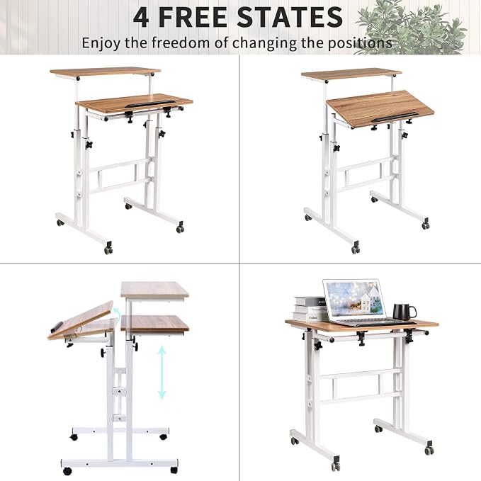 SIDUCAL Small Standing Desk, Portable Stand Up Desk, Height Adjustable Mobile Standing Table Converter with Wheels Computer Workstations, Rolling Laptop Cart for Stand or Sit, Vintage Oak