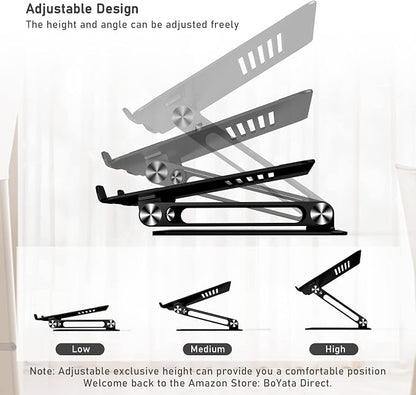 BoYata Laptop Stand, Adjustable Laptop Riser with Slide-Proof Silicone and Protective Hooks, Laptop Stand for Laptop up to 17 Inches, Laptop Holder Compatible for MacBook, Laptop-Black
