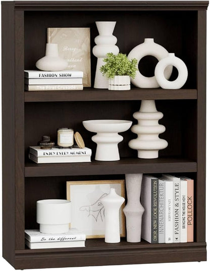 blini 3-Shelf Bookcase Wooden Bookshelves Dark Cherry 33in Wide Floor Standing Display Storage Shelves Tall Bookcase for Home Office, Living Room, Bed Room