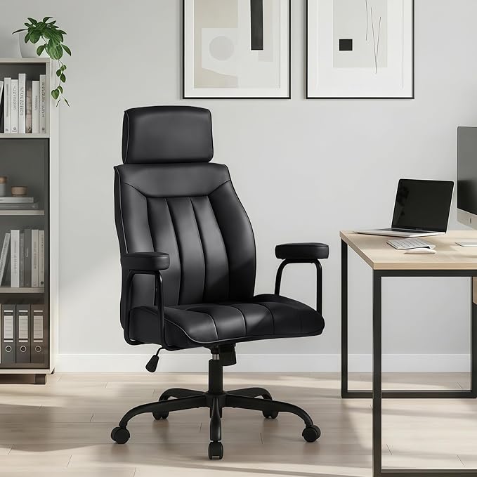 Furniliving Leather Office Chair with Adjustable Headrest, Mid-Century Modern High-Back Office Desk Chair, Ergonomic Computer Chair with Wheels, Armrests, Lumbar Support, Black