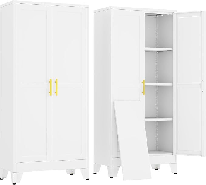erosoei 61" H Metal Garage Storage Cabinet, Metal Pantry Cabinet with 2 Doors, Locker Steel Cabinet with 3 Adjustable Shelves, Freestanding Cupboard for Garage,Office,Home,Gym,School