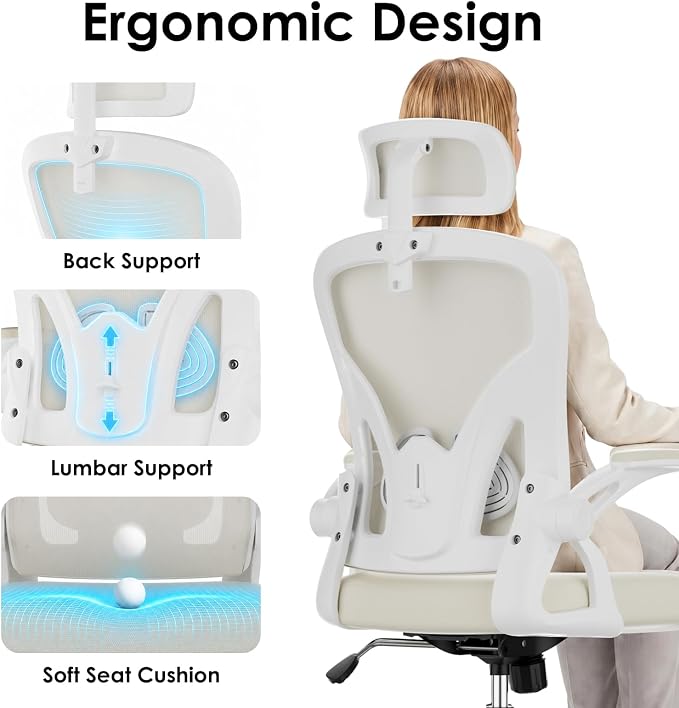 Farini Ergonomic Office Chair, Home Office Desk Chair with Headrest, High Back Swivel Computer Chair with Armrests and Adjustable Lumbar Support for Home Office Study Room, White & Beige