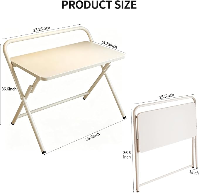 Folding Table, Small Computer Desk, Foldable Desk for Bedroom, Mini Desk for Home Office&Study, 24x16 Inches, No Assembly Required, Wood Top with Metal Frame, White