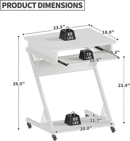ALISENED 2 Tier Computer Desk with Keyboard Tray, 23.6" Home Office Desk Computer Workstation Rolling Study PC Laptop Table for Small Spaces,Z-Shaped Small Compact Study Table,White