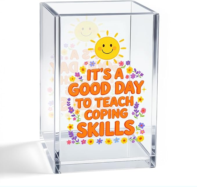 It's A Good Day To Teach Coping Skills Acrylic Pen Holder, Smiley Sun Floral Desk Pencil Cup Organizer, Mental Health Gifts for Women School Counselor Teacher Social Worker Behavior Therapist