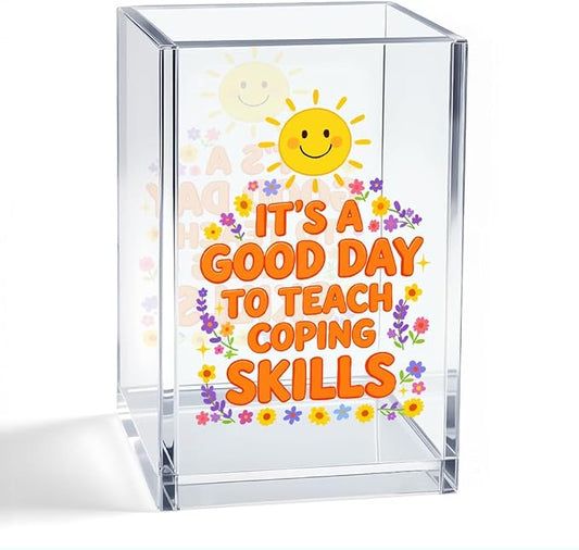 It's A Good Day To Teach Coping Skills Acrylic Pen Holder, Smiley Sun Floral Desk Pencil Cup Organizer, Mental Health Gifts for Women School Counselor Teacher Social Worker Behavior Therapist