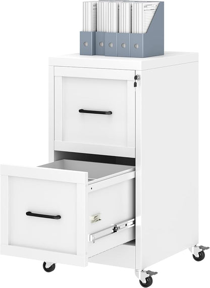 Ckzbx 2 Drawer File Cabinet with Lock, Narrow Vertical Filing Cabinet, Under Desk File Cabinets,White Metal File Cabinets for Home Office,Fit Letter/A4/Legal Size File (Wheel)