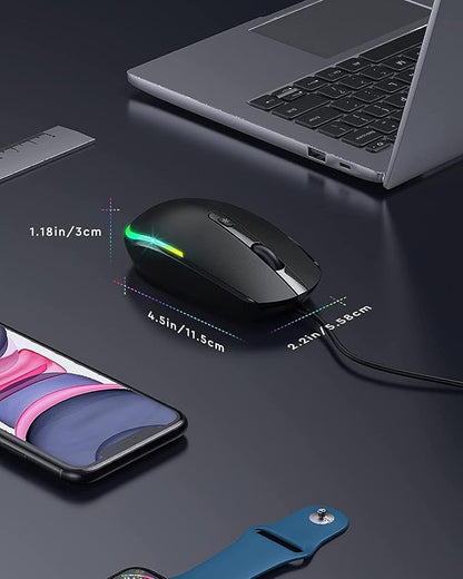 seenda Wired Mouse - USB Corded Mouse with Colorful RGB Backlit, Plug and Play, 1600 DPI Optical Tracking，Silent Computer Mouse for Laptop, PC, Chromebook, Desktop, Office, School, Home, Black