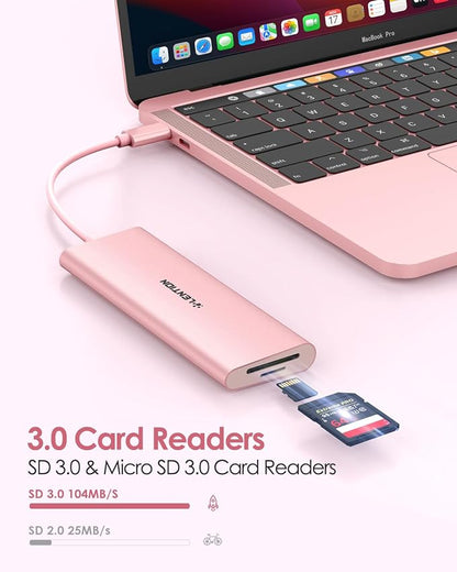 LENTION 7-in-1 USB C Multiport Hub with 4K HDMI, 100W PD, 3 USB 3.0 Ports, SD/MicroSD Card Reader Compatible MacBook Pro/Air/Neo 2016-2026 Type C Devices Stable Driver Adapter (CB-C36B, Rose Gold)
