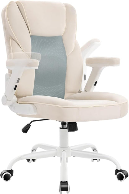 SEATZONE Home Office Desk Chairs with Wheels and Armrests,Office Chair Comfortable Ergonomic Mesh with Teddy Fleece Fabric Executive Computer Chairs for Adults and Teens,Beige