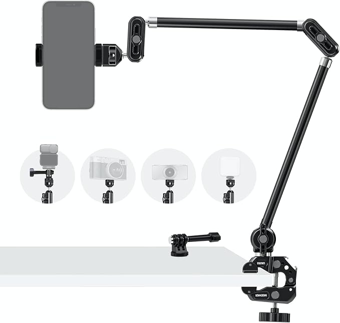 NEEWER 30" Articulating Magic Arm with Desk Super Clamp/Action Cam Mount/Phone Holder, Overhead Camera Mic Boom Stand, Compatible with GoPro iPhone DSLR Webcam Microphone Video Recording, UA056