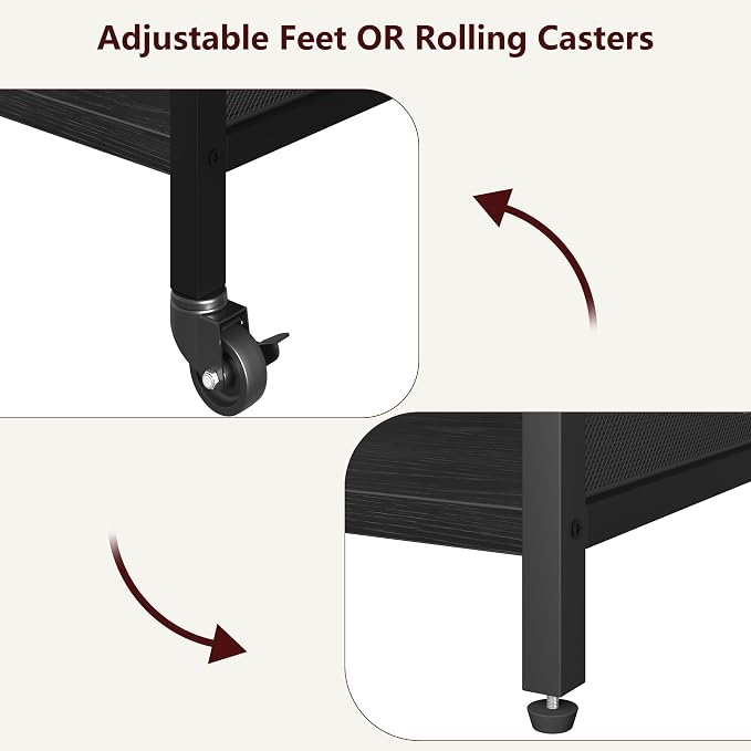 IDEALHOUSE Large Printer Stand with Power Outlets and USB Charging Ports, Mobile Printer Table with Adjustable Shelf, 3 Tier Rolling printer cart with Wheels for Home Office, Rustic Black