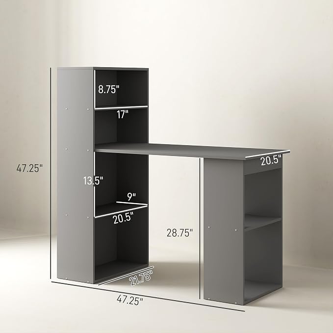HOMCOM Modern Home Office Desk with 6-Tier Storage Shelves, 47" Writing Desk with Bookshelf, Gray